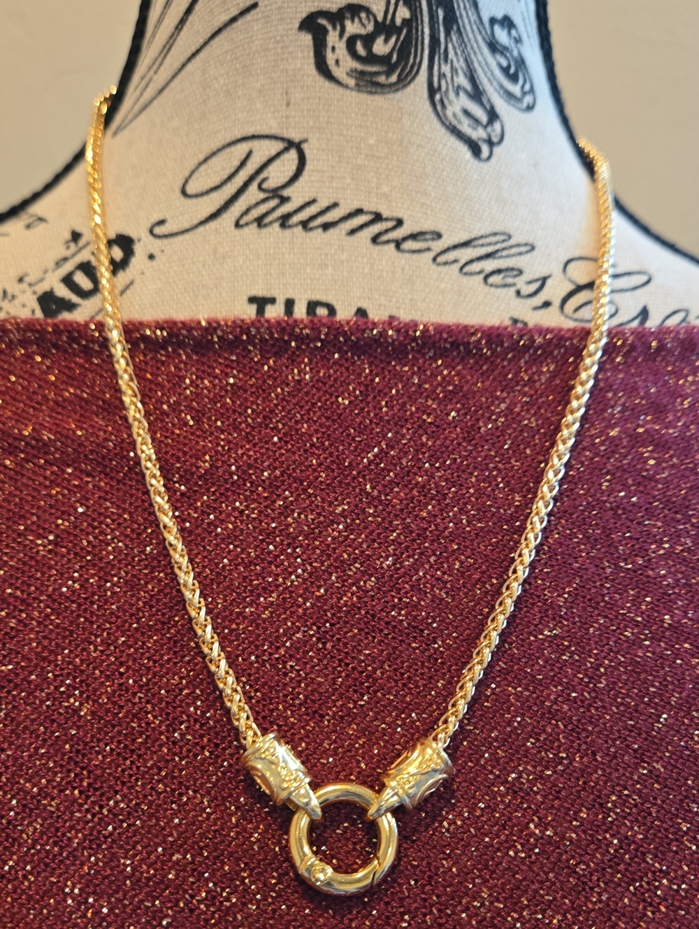Gold Rope Wheat Chain Necklace w/ Decorative Ring Pendant - Designer Look 4 Less